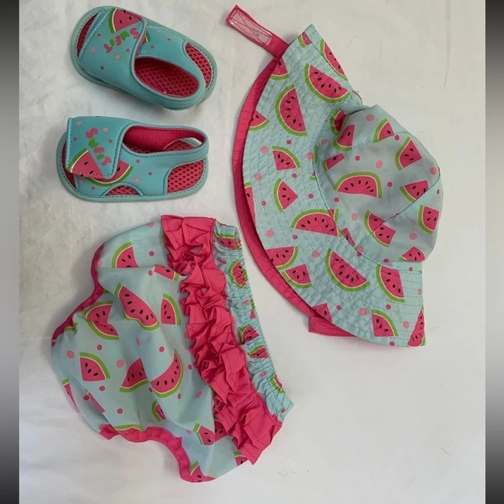 Infant hat, bloomers, sandals